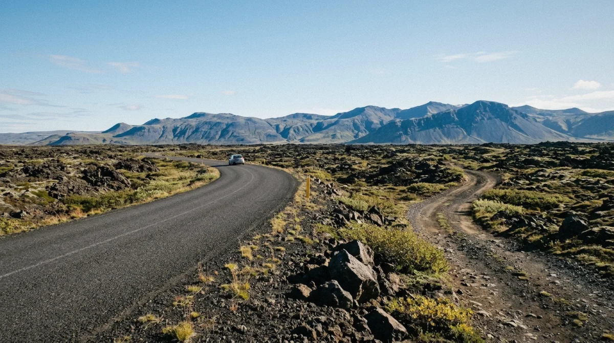 The paved road 417 Blafjallavegur toward the Inside the Volcano meeting point in the Blafjoll mountains, Iceland