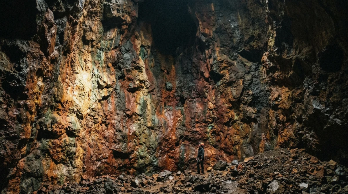 Floodlit red, ochre and green mineral staining across the walls of the magma chamber seen from the floor on a Thrihnukagigur volcano tour in Iceland
