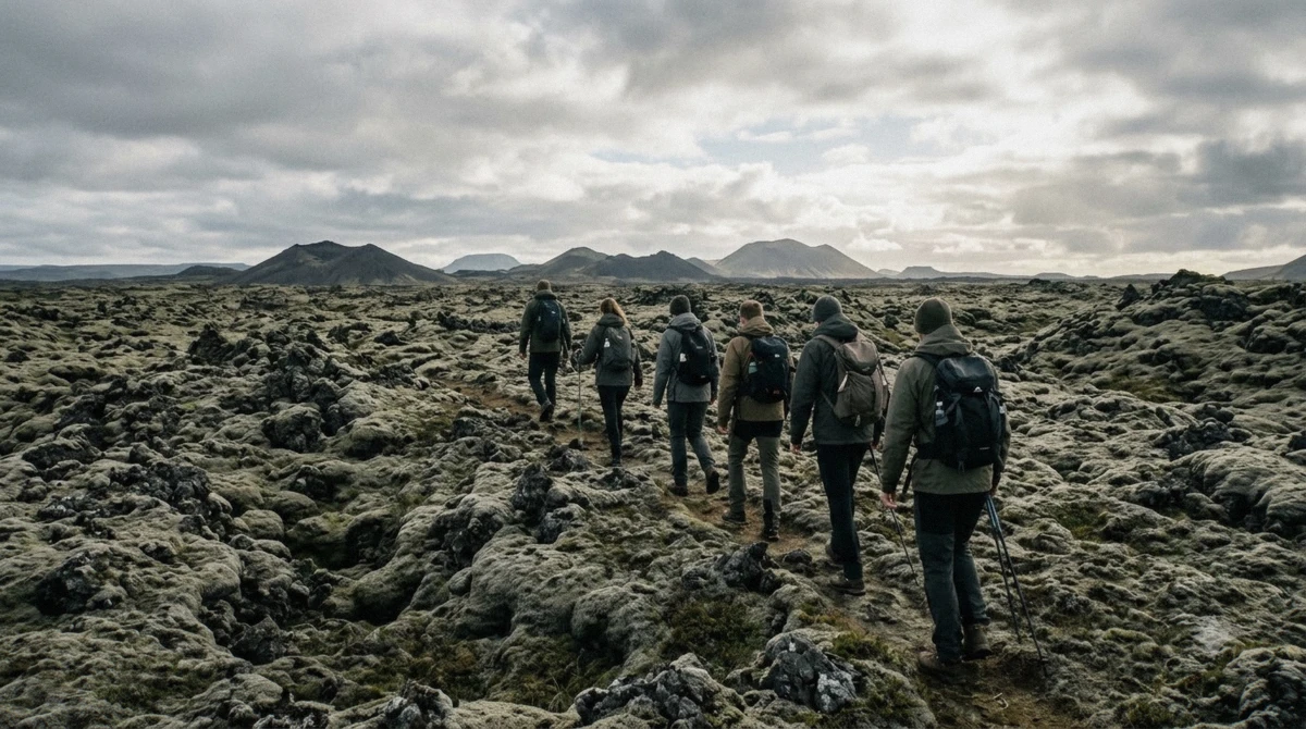 A guided group in waterproofs crossing the moss-covered lava field towards the crater on a Thrihnukagigur volcano tour in Blafjoll, Iceland