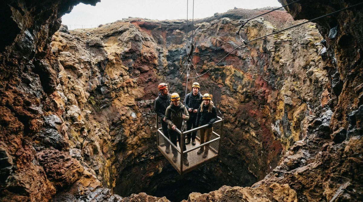 An open steel lift basket descending through the narrow shaft into the Thrihnukagigur magma chamber during an Inside the Volcano tour worth it question, Bláfjöll, Iceland